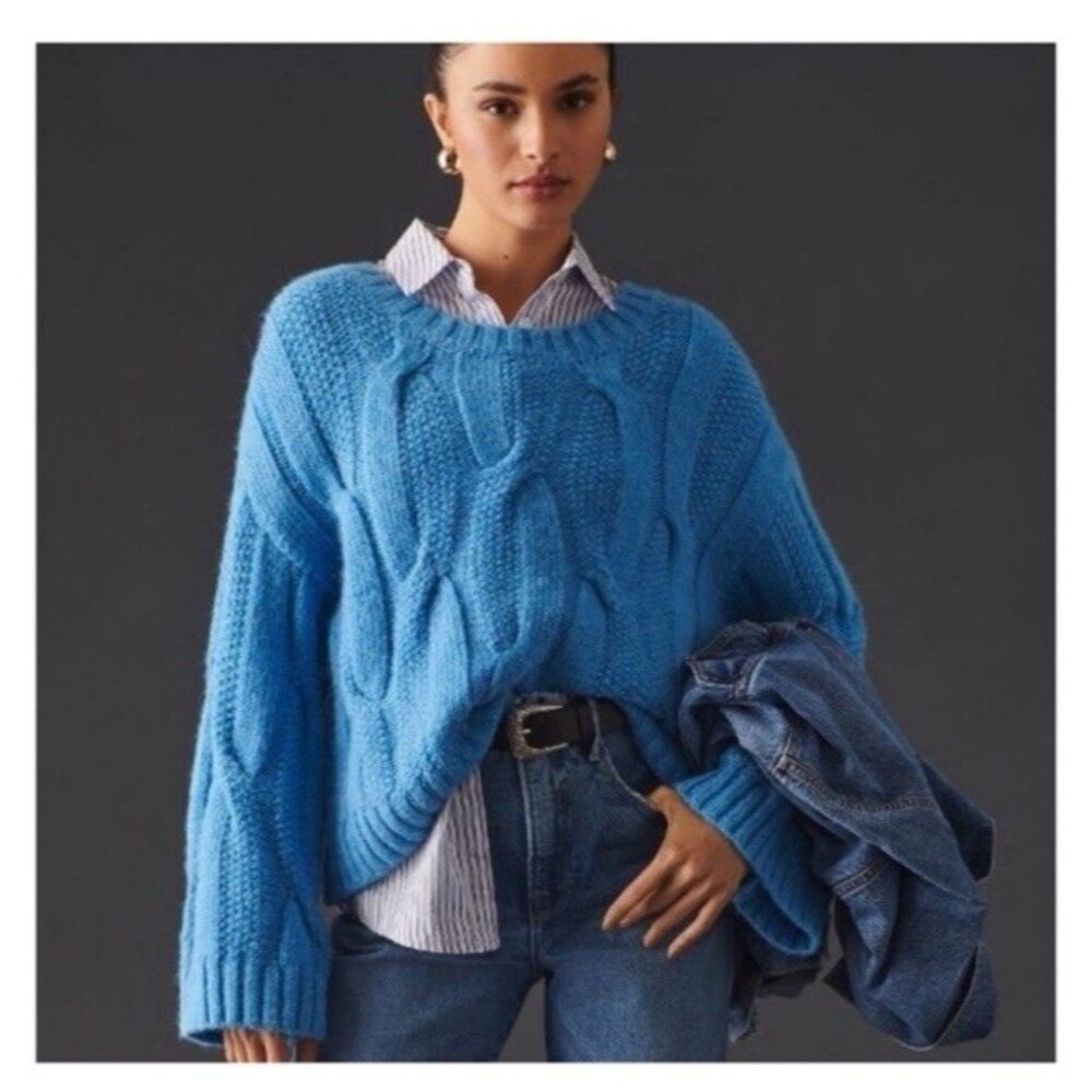 Maeve Anthropologie Blue Chunky Cable Knit Oversized Sweater Large Sleeves XS
